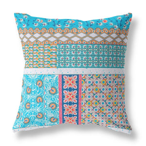Homeroots 28" X 28" Turquoise Zippered Patchwork Indoor Outdoor Throw Pillow Cover & Insert   470557
