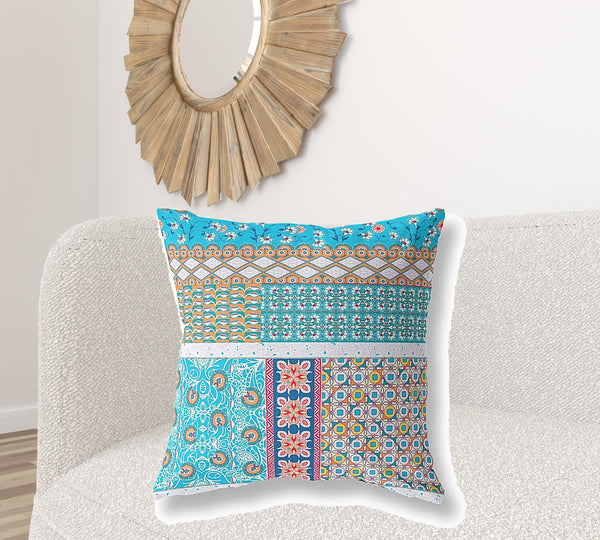 Homeroots 28" X 28" Turquoise Zippered Patchwork Indoor Outdoor Throw Pillow Cover & Insert   470557