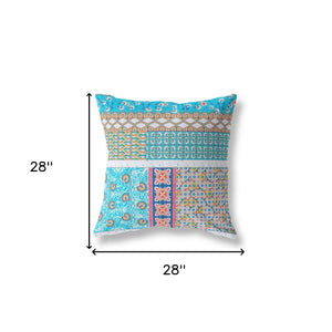 Homeroots 28" X 28" Turquoise Zippered Patchwork Indoor Outdoor Throw Pillow Cover & Insert   470557