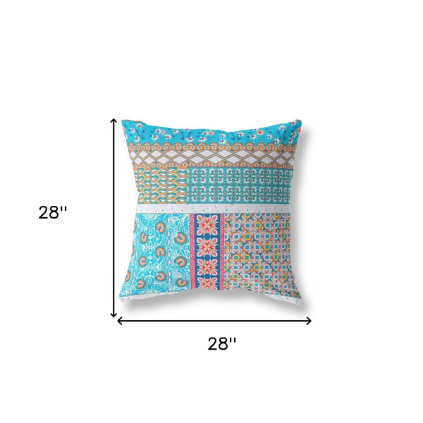 Homeroots 28" X 28" Turquoise Zippered Patchwork Indoor Outdoor Throw Pillow Cover & Insert   470557