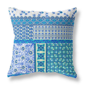 Homeroots 26" X 26" Blue And White Zippered Patchwork Indoor Outdoor Throw Pillow Cover & Insert   470571