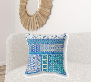 Homeroots 26" X 26" Blue And White Zippered Patchwork Indoor Outdoor Throw Pillow Cover & Insert   470571