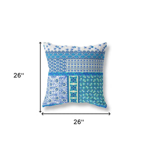 Homeroots 26" X 26" Blue And White Zippered Patchwork Indoor Outdoor Throw Pillow Cover & Insert   470571