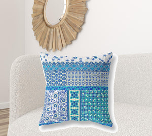 Homeroots 28" X 28" Blue And White Zippered Patchwork Indoor Outdoor Throw Pillow Cover & Insert   470572