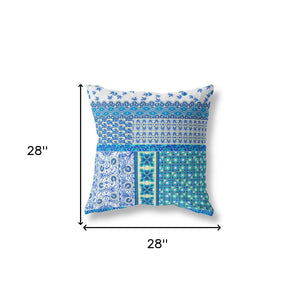 Homeroots 28" X 28" Blue And White Zippered Patchwork Indoor Outdoor Throw Pillow Cover & Insert   470572