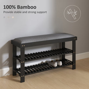 English Elm Entryway Bamboo Shoe Storage Bench with Padded Seat and Two Tier Slatted Shelf T3971P430917