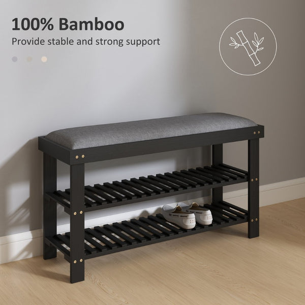 English Elm Entryway Bamboo Shoe Storage Bench with Padded Seat and Two Tier Slatted Shelf T3971P430917