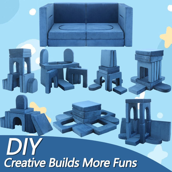 English Elm 12 Piece Modular Foam Play Couch Set Velvet Convertible Sofa Fort for Kids Playroom Blue T5880P493402