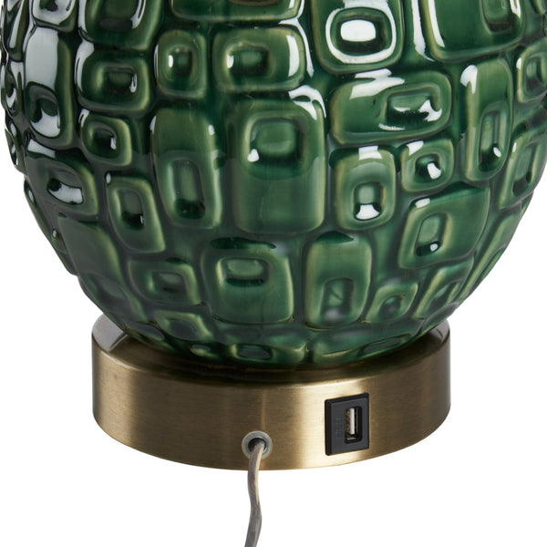 Wildwood Betty Mid-Century Ceramic Table Lamp In Textured Green Glaze With Brushed Antique Brass Base & Usb Port 47060