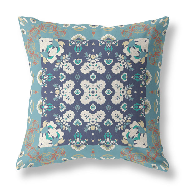 Homeroots 26" X 26" Gray And Blue Broadcloth Floral Throw Pillow   470696