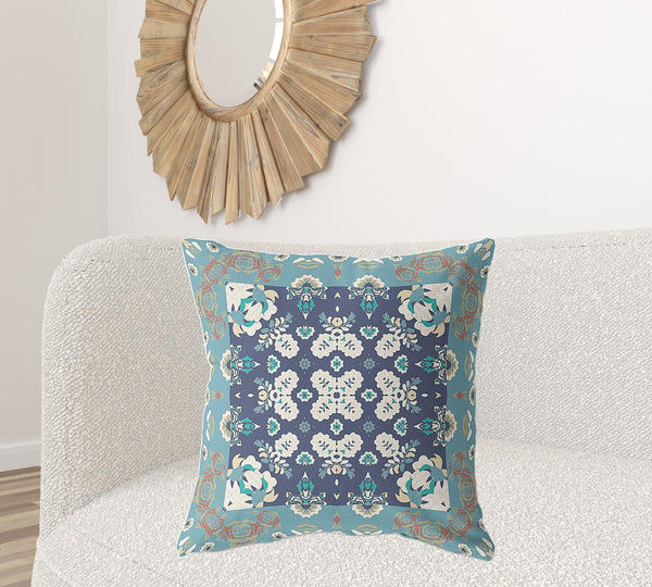 Homeroots 26" X 26" Gray And Blue Broadcloth Floral Throw Pillow   470696