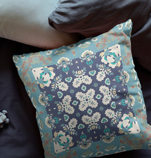 Homeroots 28" X 28" Gray And Blue Broadcloth Floral Throw Pillow   470697