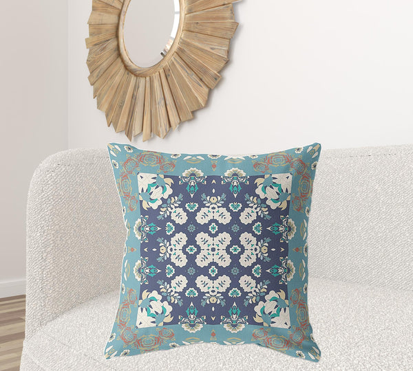 Homeroots 28" X 28" Gray And Blue Broadcloth Floral Throw Pillow   470697