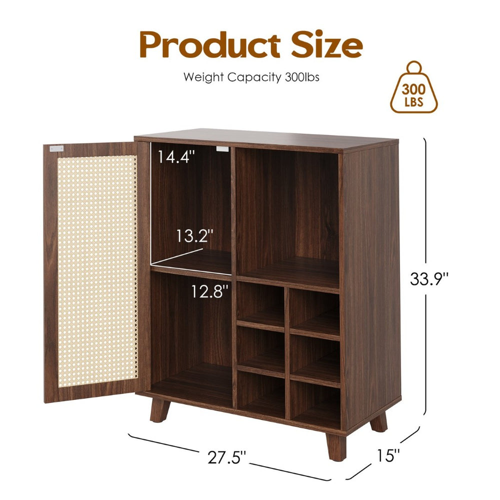 English Elm Rattan Cane Front Sideboard with Drawers Adjustable Shelf Bohemian Storage Cabinet Walnut T3623P434765