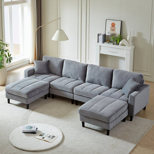 English Elm 122.5-Inch Oversized U-Shaped Modular Sofa Corduroy Sectional with Double Chaise, Ottoman, Pillows and Plastic Legs Grey W1193S00123