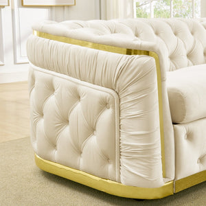 English Elm 2 Piece Velvet Chesterfield Sofa Set with Gold Steel Trim Button Tufted Living Room Couch Beige W1191S00102