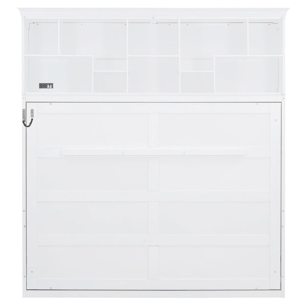 English Elm Queen Murphy Wall Bed Cabinet with Integrated Shelves Usb Charging Space Saving Design White LP006668AAK-1