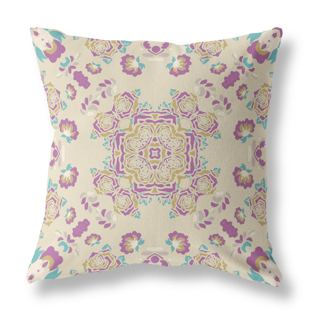 Homeroots 26" X 26" Off White And Purple Broadcloth Floral Throw Pillow   470856