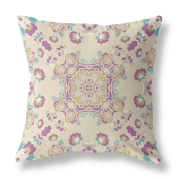 Homeroots 26" X 26" Off White And Purple Broadcloth Floral Throw Pillow   470856