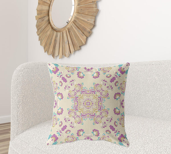 Homeroots 26" X 26" Off White And Purple Broadcloth Floral Throw Pillow   470856