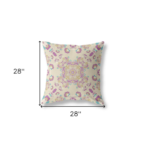 Homeroots 28" X 28" Off White And Purple Broadcloth Floral Throw Pillow   470857