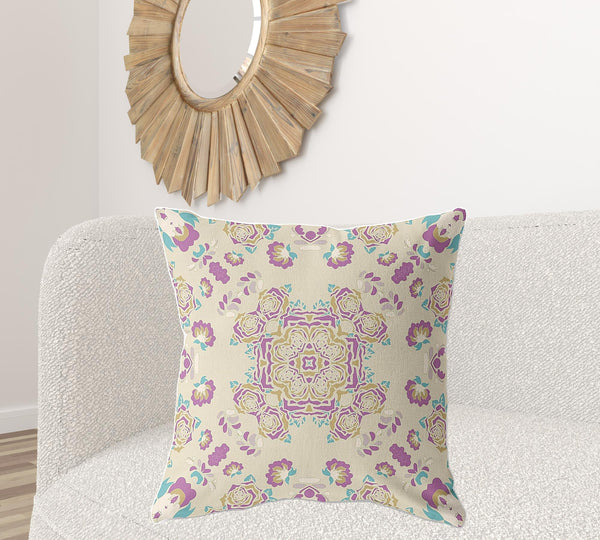 Homeroots 28" X 28" Off White And Purple Broadcloth Floral Throw Pillow   470857