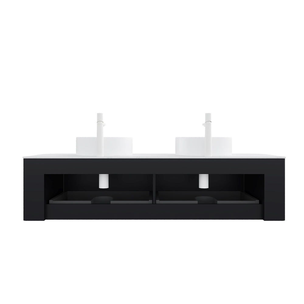 English Elm Dina 60" Modern Wall-Mounted Bathroom Vanity With Dual Ceramic Sinks & Storage, Pre-Assembled Black Design W2615S00128
