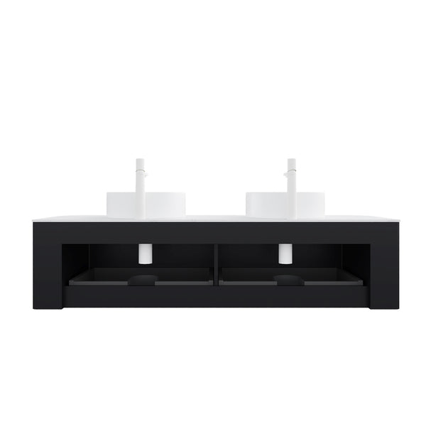 English Elm Dina 60" Modern Wall-Mounted Bathroom Vanity With Dual Ceramic Sinks & Storage, Pre-Assembled Black Design W2615S00128