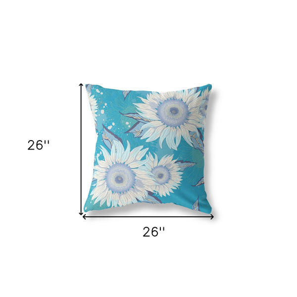 Homeroots 26" X 26" Blue Aqua And White Broadcloth Floral Throw Pillow   470961