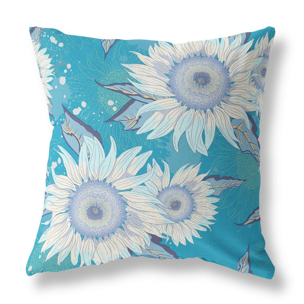 Homeroots 28" X 28" Blue Aqua And White Broadcloth Floral Throw Pillow   470962