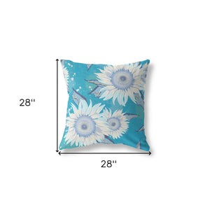 Homeroots 28" X 28" Blue Aqua And White Broadcloth Floral Throw Pillow   470962
