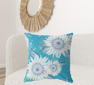 Homeroots 28" X 28" Blue Aqua And White Broadcloth Floral Throw Pillow   470962