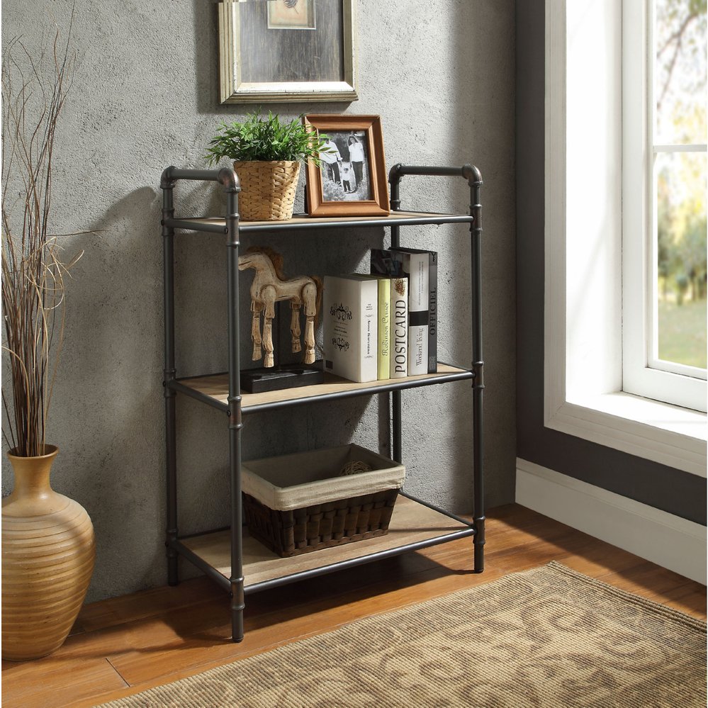 English Elm 3 Tier Bookshelf Industrial Metal Frame with Antique Oak Shelves, Sandy Gray Finish, Modern Sturdy Storage B016P311282