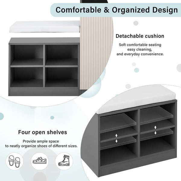 English Elm U_style Entryway Console Set with Wavy Doors Cushioned Bench and Adjustable Shoe Storage N711P345166M
