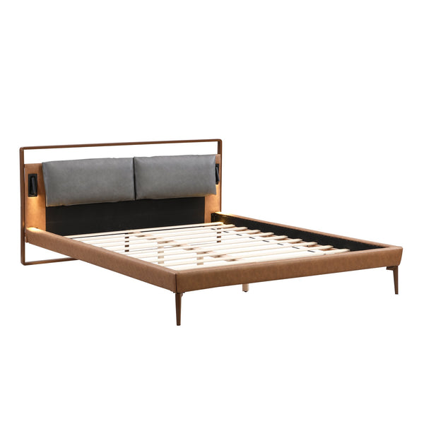 English Elm Christopher Knight Home® - Brown&Gray Leather Queen Bed With Adjustable Led Night Lights & Contemporary Design For Comfort N758D536364D