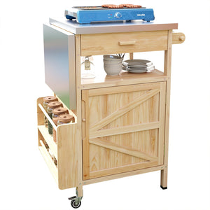 English Elm K&K 40.5" Outdoor Grill Cart with 201 Stainless Top, Solid Fir Storage, Drop Leaf & Lockable Wheels Natural N707P228272Y