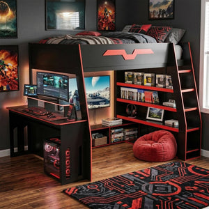 English Elm Full Size Wood Loft Bed with Rgb Lighting Desk and Multi-tier Shelves for Gaming Red LT000374AAR