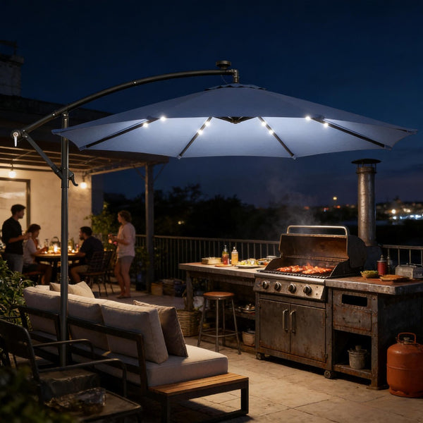 English Elm Garden Cantilever Patio Umbrella with Solar Led Lights and Upf30 Polyester Canopy Dark Blue T3971P481973