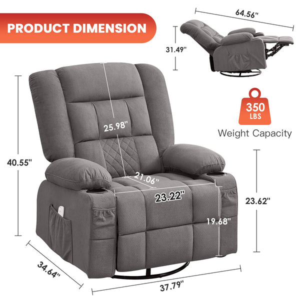 English Elm Kneading Massage Rocker Recliner with 4‑Point 3D Kneading, Heat, USB Port, Cup Holders & Swivel Comfort Grey W1521P390945