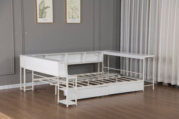 English Elm Corner Queen Platform Bed with Led Lighting Bookcase Shelving and Underbed Storage Drawers Ancient White W1670S00035
