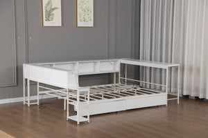 English Elm Corner Twin Platform Bed Bookcase Led Lighting Charging Station Underbed Storage W1670P428875