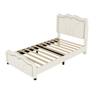 English Elm Twin Upholstered Platform Bed with Curved Headboard, Adjustable Heights, Sturdy Pine Frame, LED Accent Lights White WF323748AAK