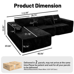 English Elm 112.99"Cloud Long-Pile Corduroy Sectional Sofa with L-Shape Chaise, Modular Deep-Seat Comfort for Living Room Black W3276S00009