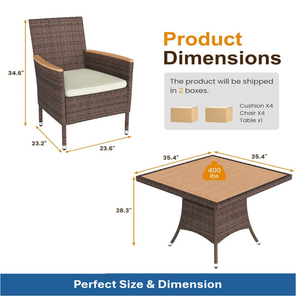 English Elm 5-piece Outdoor Dining Set Pe Rattan Armchairs with Acacia Wood Square Table Brown B082S00066