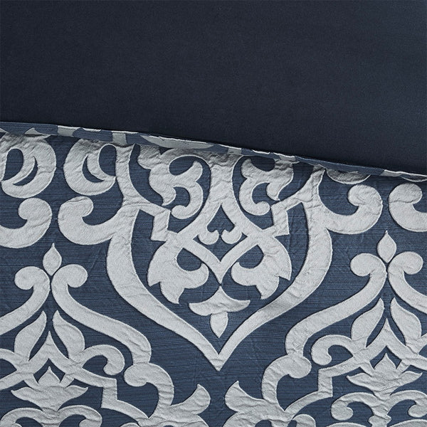 English Elm 8 Piece Jacquard Comforter Set - Navy & Silver Elegance For A Luxurious, Cozy Queen Bedroom Retreat B035128892