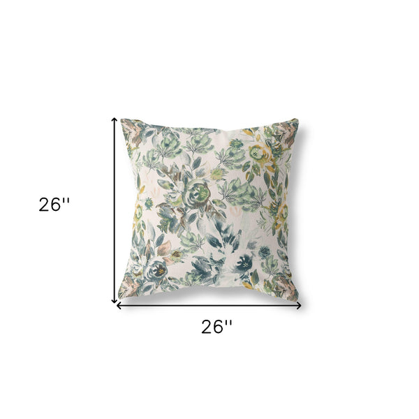 Homeroots 26" X 26" White And Green Broadcloth Floral Throw Pillow   471006