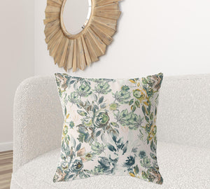 Homeroots 28" X 28" White And Green Broadcloth Floral Throw Pillow   471007