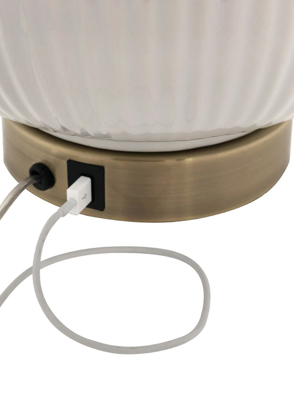 Wildwood Sophia Ceramic Gourd Lamp With Almond Glaze, Linen Shade & Antique Gold Base + Usb Charging Port 47101