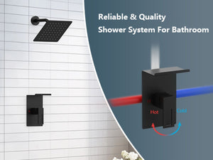 English Elm Shower 8" Square Rain Head Faucet Set with Single-Handle Mixer, 15" Arm, Rack Storage & Detachable Trim (Modern) Matte Black T3177P269146