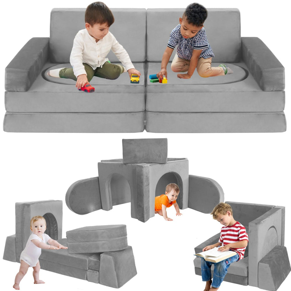 English Elm 12 Piece Modular Foam Play Couch Set Velvet Convertible Sofa Fort for Kids Playroom Light Gray T5880P493410